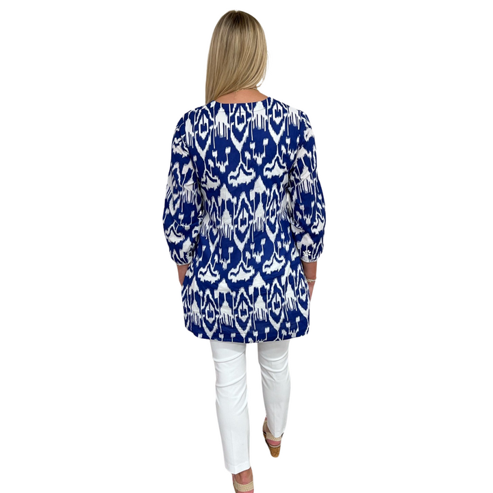 The Key Largo Embroidered Ikat Print Tunic in Blue and White — view 4