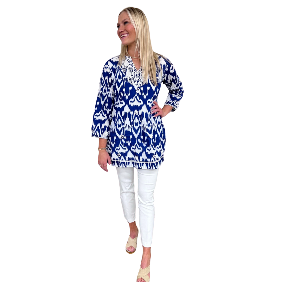 The Key Largo Embroidered Ikat Print Tunic in Blue and White — view 3