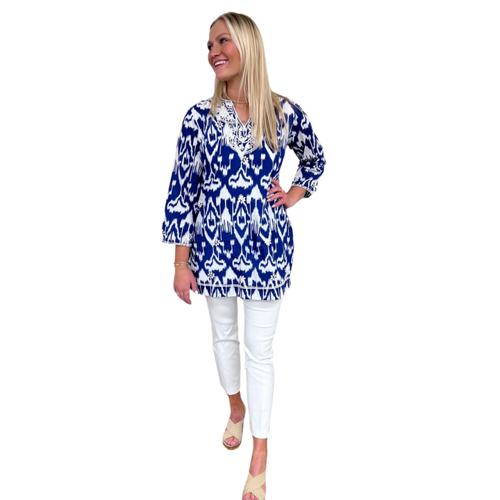 The Key Largo Embroidered Ikat Print Tunic in Blue and White — view 3