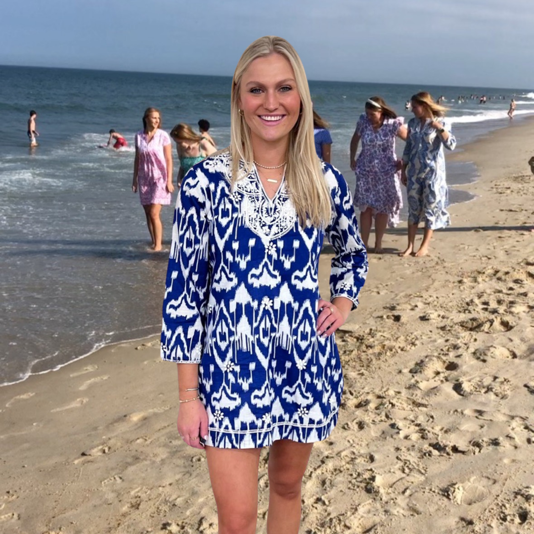 The Key Largo Embroidered Ikat Print Tunic in Blue and White — view 10