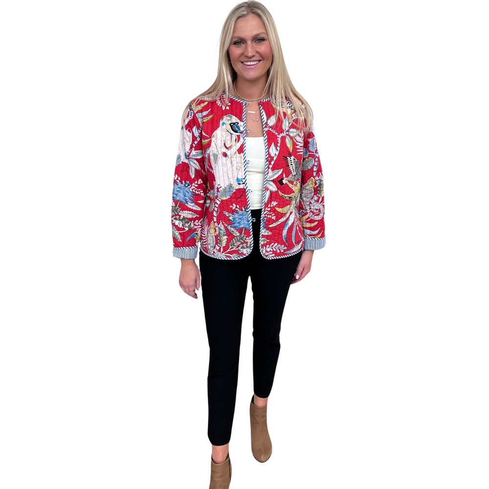 The Madeline Reversible Quilted Jacket in Scarlett Monkey Hand-Blocked Floral — view 2