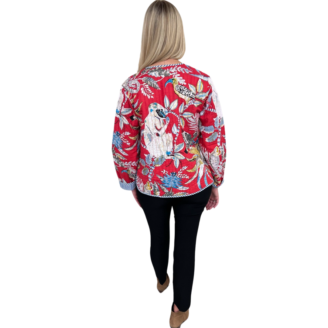 The Madeline Reversible Quilted Jacket in Scarlett Monkey Hand-Blocked Floral — view 3