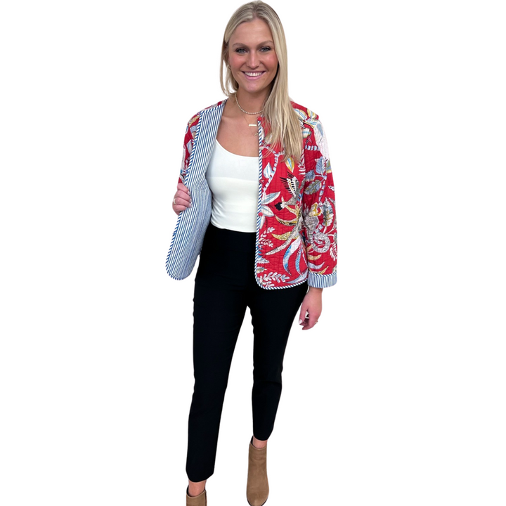 The Madeline Reversible Quilted Jacket in Scarlett Monkey Hand-Blocked Floral — view 4
