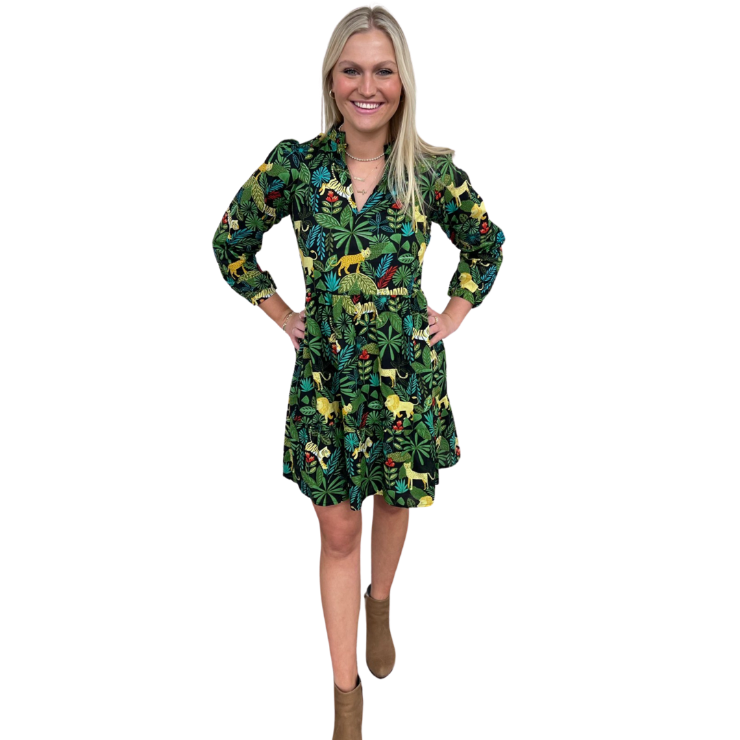 The Tinley Jungle Print Dress in Midnight and Green