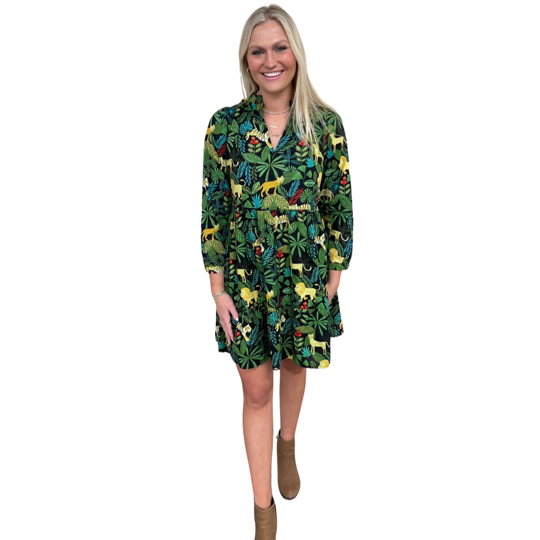 The Tinley Jungle Print Dress in Midnight and Green — view 2