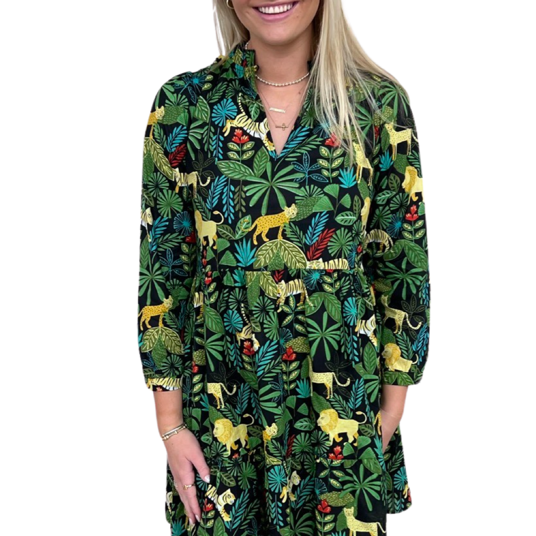 The Tinley Jungle Print Dress in Midnight and Green — view 5