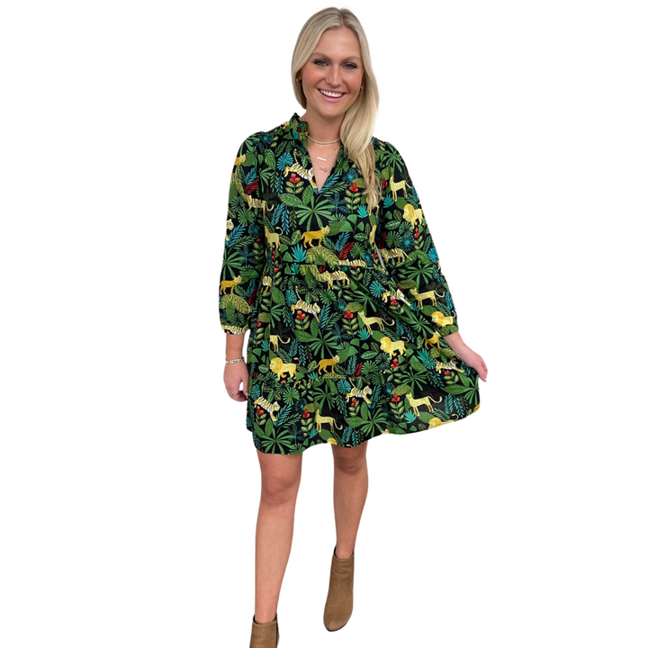 The Tinley Jungle Print Dress in Midnight and Green — view 3