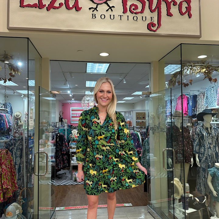 The Tinley Jungle Print Dress in Midnight and Green — view 6