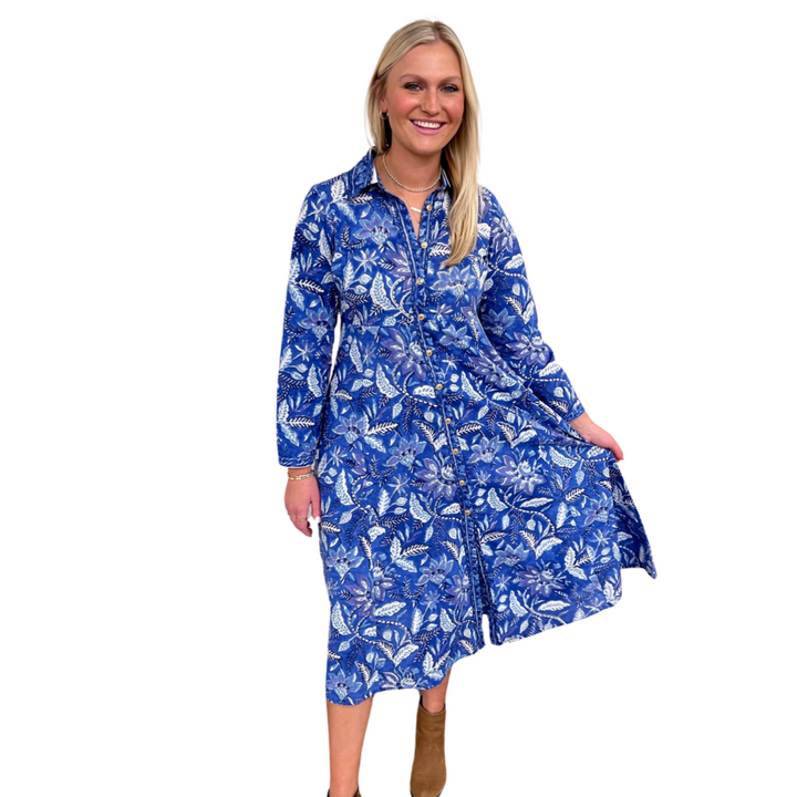 The Marion Cotton Button Front Hand Block Dress in Brilliant Blue Floral — view 4