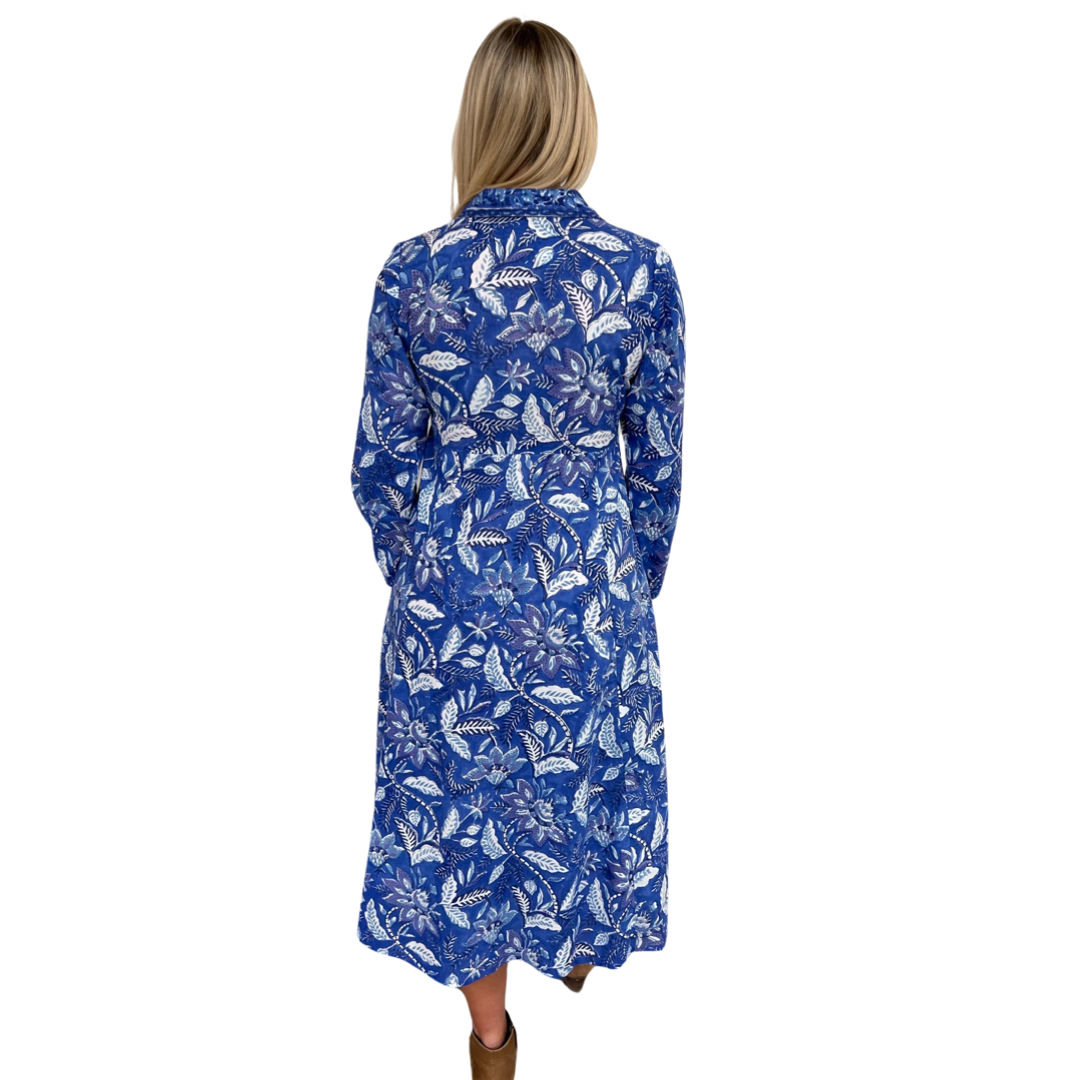 The Marion Cotton Button Front Hand Block Dress in Brilliant Blue Floral — view 5