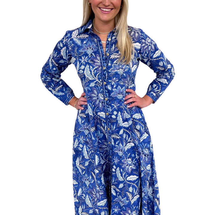 The Marion Cotton Button Front Hand Block Dress in Brilliant Blue Floral — view 3
