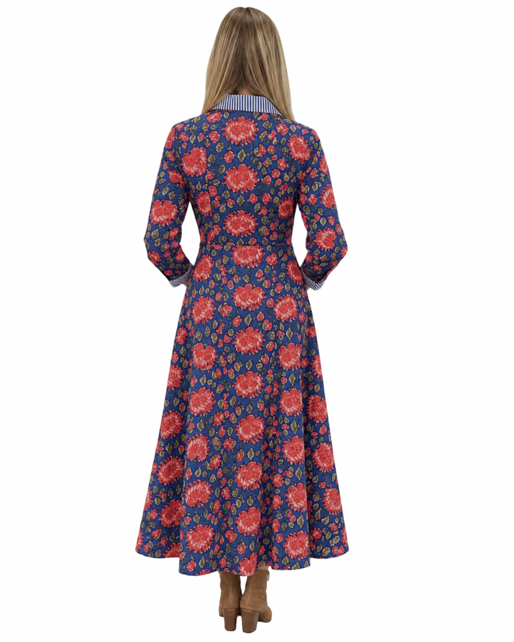 The Marion Button Front Dress in Blue Red Floral Print
