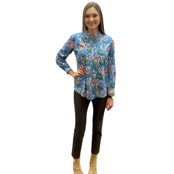 The Avery Cotton Block Print Top in Mediterranean  Blue Floral — view 3