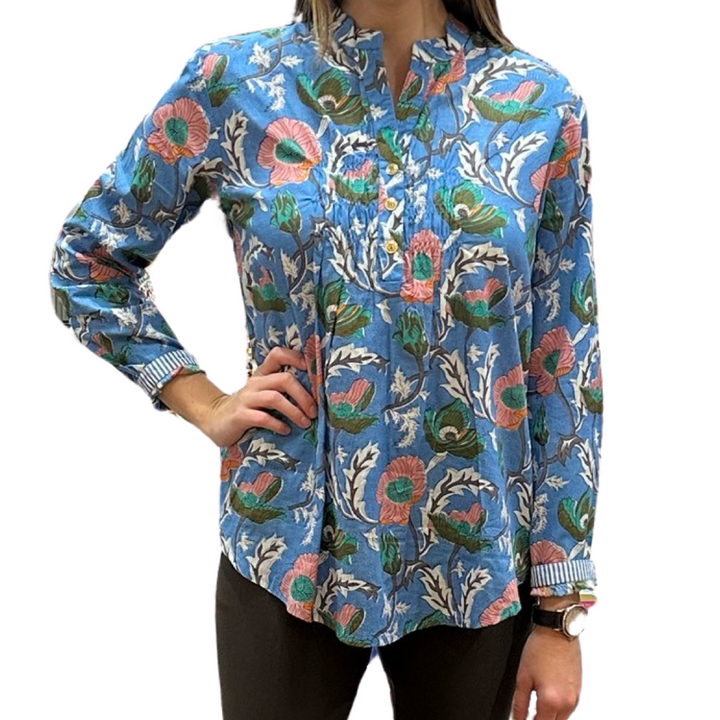 The Avery Cotton Block Print Top in Mediterranean  Blue Floral — view 4