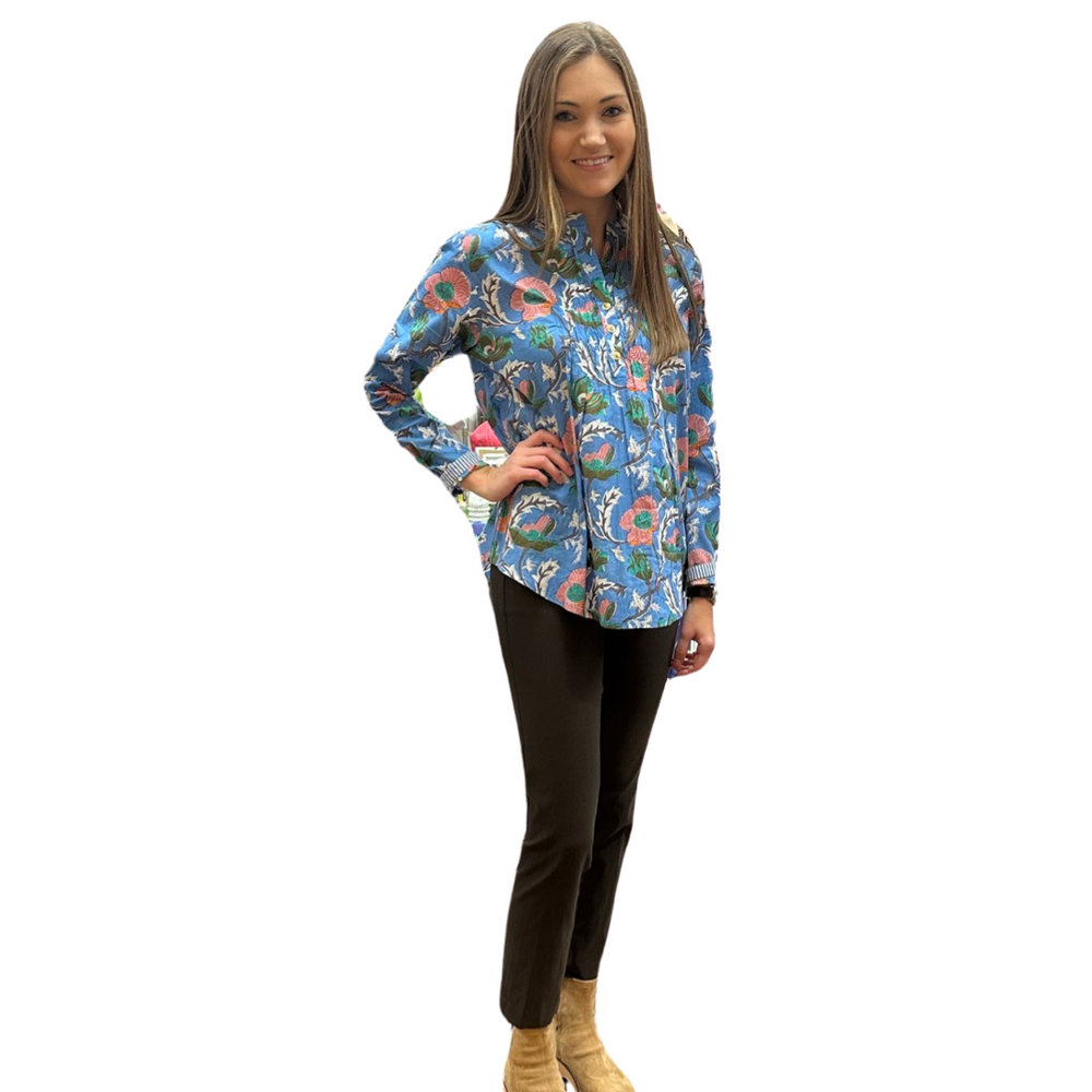 The Avery Cotton Block Print Top in Mediterranean  Blue Floral — view 2