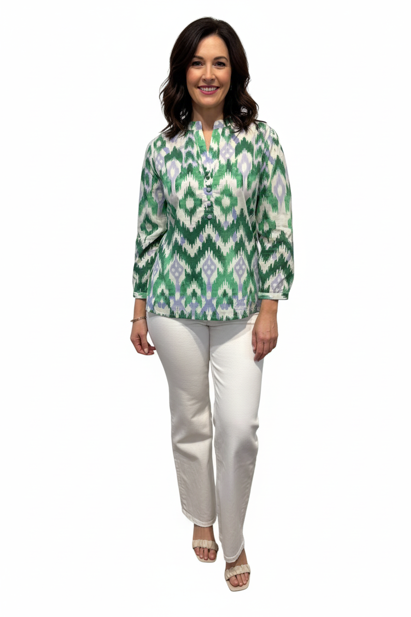 The Addison Purple Green Ikat Button Front Tunic — view 2