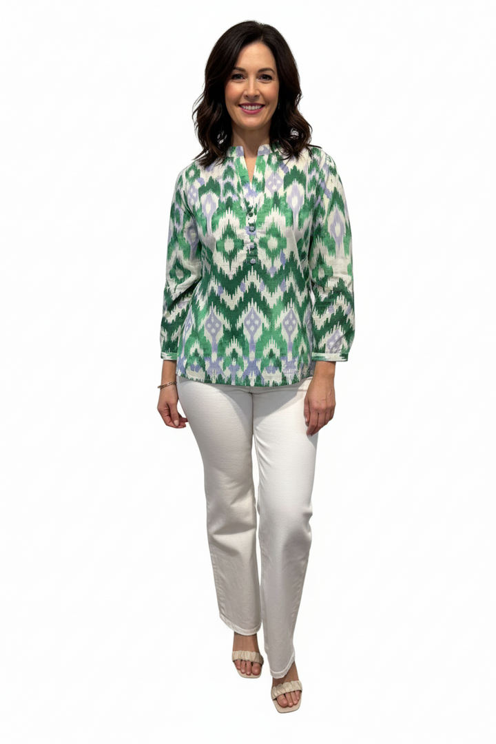 The Addison Purple Green Ikat Button Front Tunic — view 2