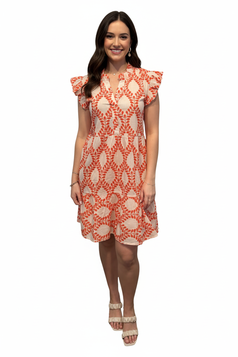 The Campbell Cotton Flutter Sleeve Dress in Coral Spoonflower Print