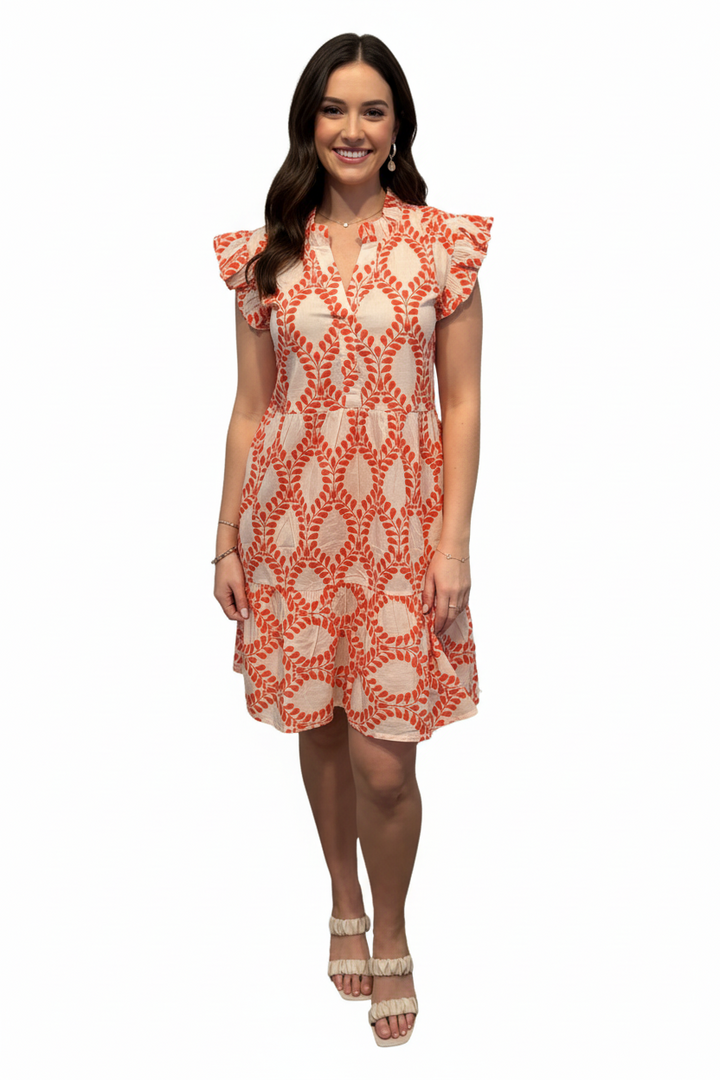 The Campbell Cotton Flutter Sleeve Dress in Coral Spoonflower Print