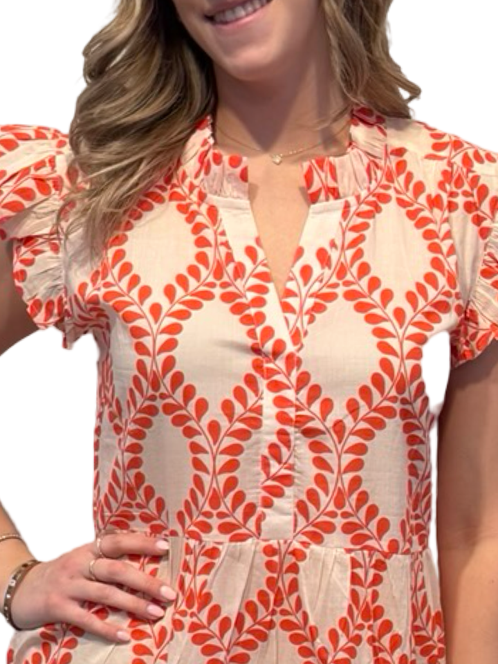 The Campbell Cotton Flutter Sleeve Dress in Coral Spoonflower Print — view 4