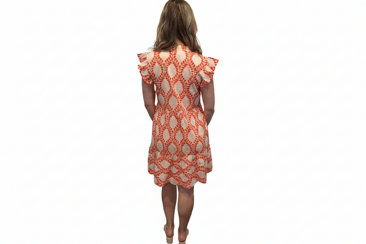 The Campbell Cotton Flutter Sleeve Dress in Coral Spoonflower Print — view 6