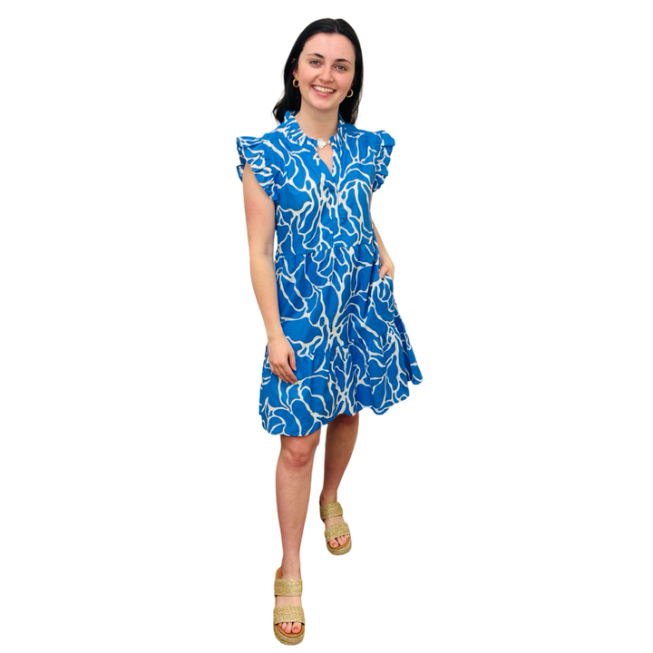 The Campbell Flutter Sleeve Dress in Brilliant Blue and White