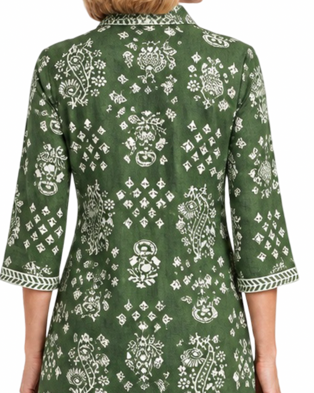 The Annika Button Front Dress in Olive Green and White