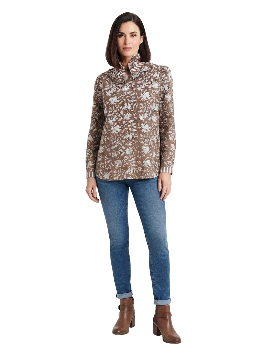 The Laurel Hand Block Printed Top in Chocolate Brown Floral