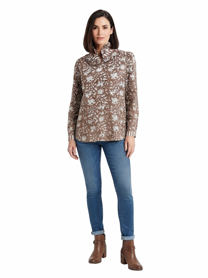 The Laurel Hand Block Printed Top in Chocolate Brown Floral