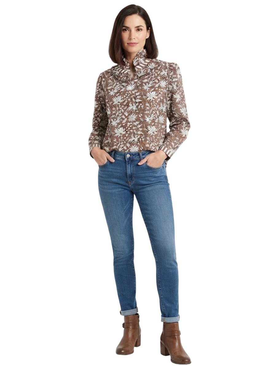 The Laurel Hand Block Printed Top in Chocolate Brown Floral