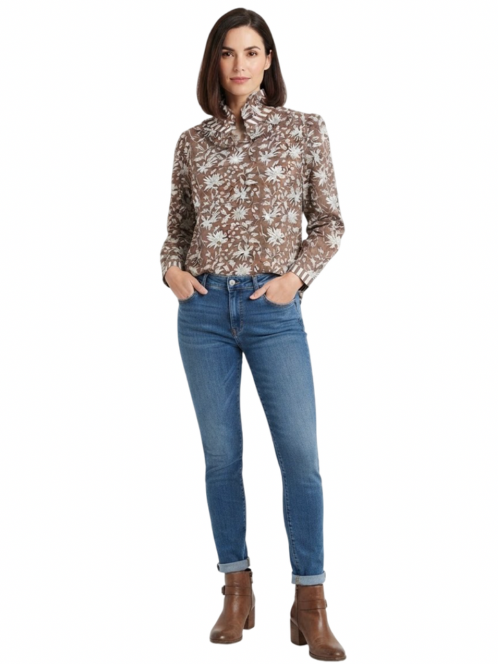The Laurel Hand Block Printed Top in Chocolate Brown Floral