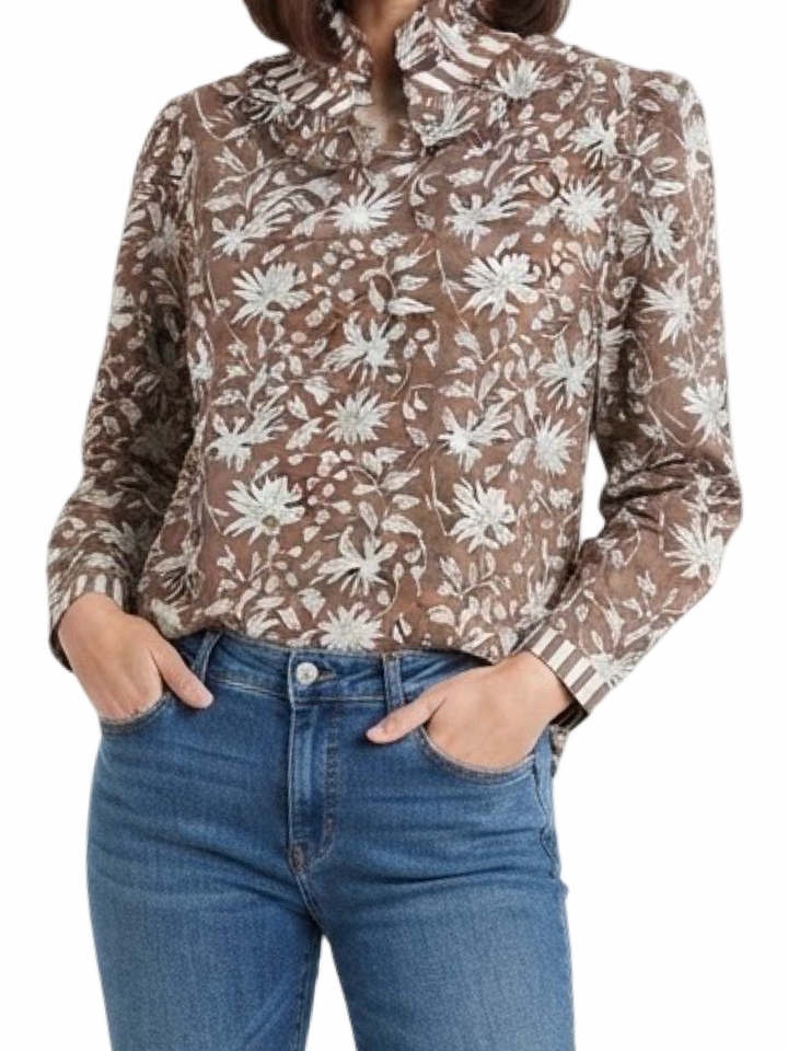 The Laurel Hand Block Printed Top in Chocolate Brown Floral