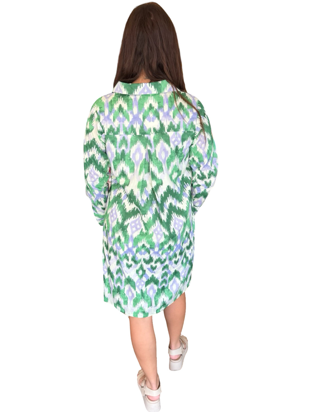 The Holland Cotton Shirt Dress in Green Ikat — view 5