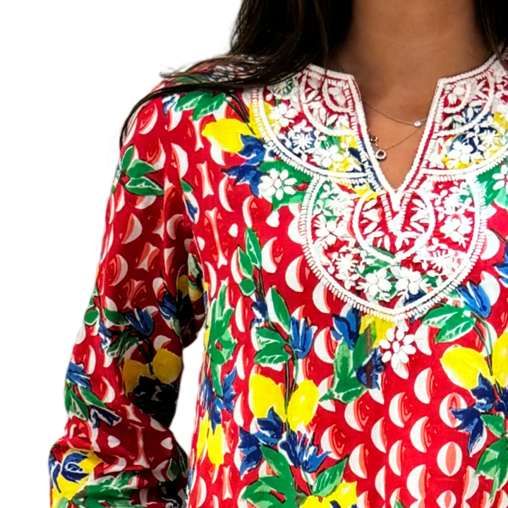 The Key Largo Embroidered Tunic in Red and White Geometric Floral — view 3
