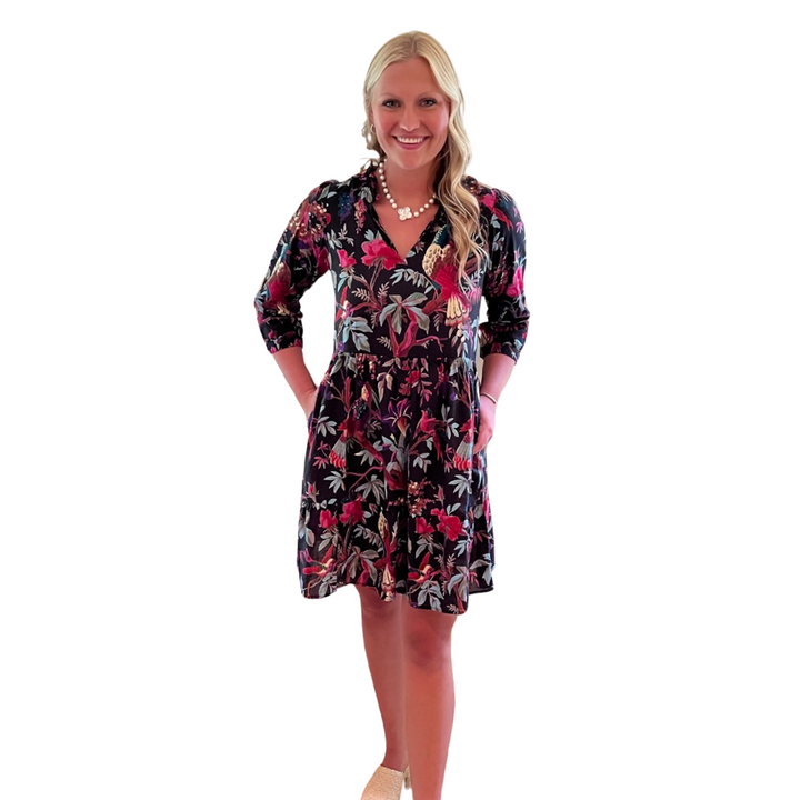 The Tinley Black Floral Bird Block Print Cotton Dress — view 6