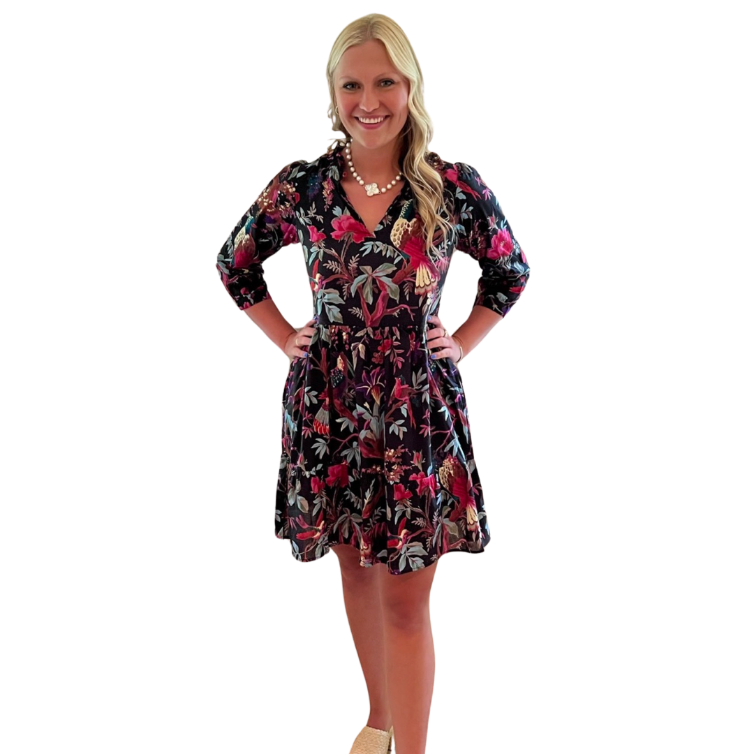 The Tinley Black Floral Bird Block Print Cotton Dress