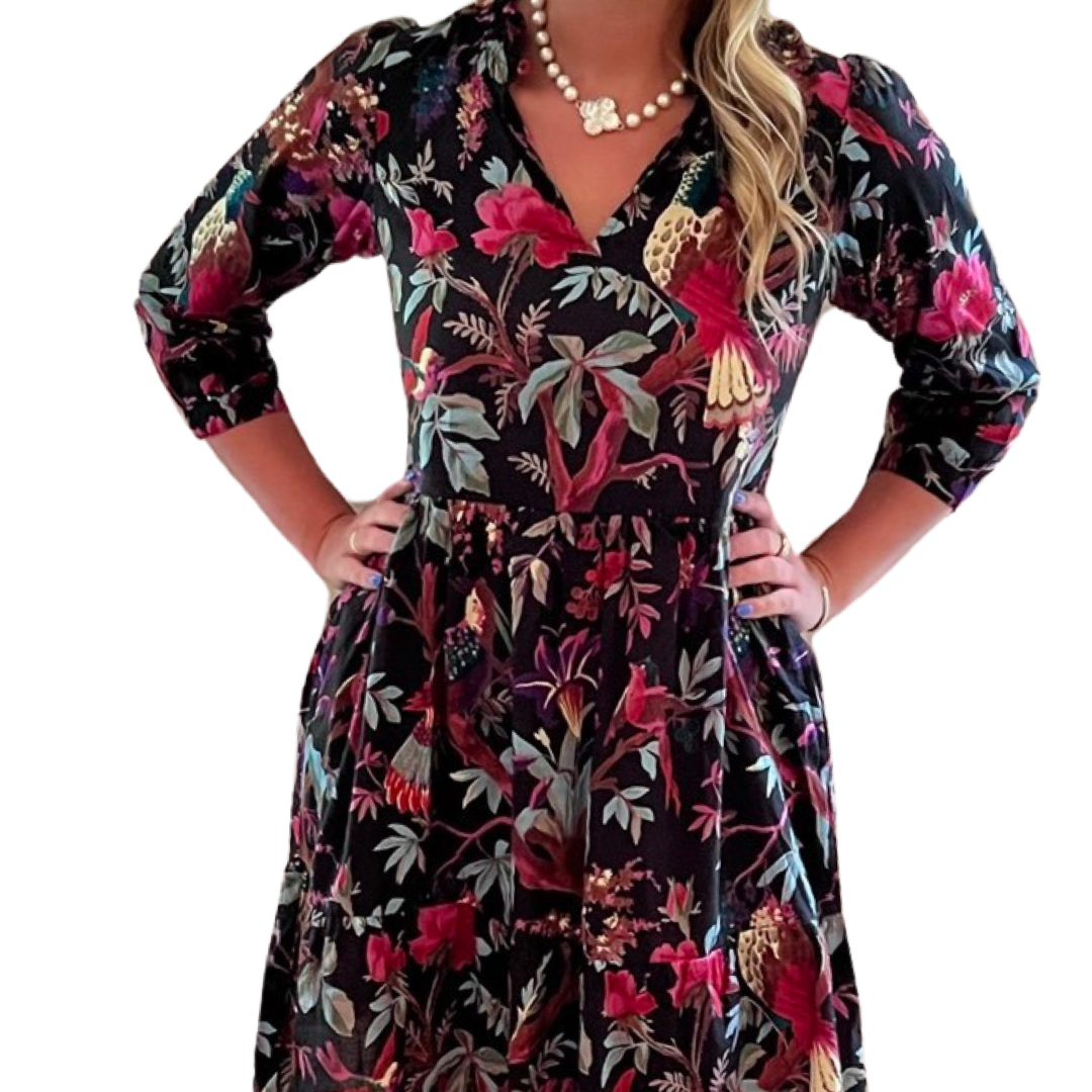 The Tinley Black Floral Bird Block Print Cotton Dress — view 5