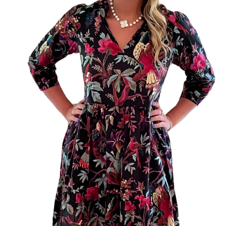 The Tinley Black Floral Bird Block Print Cotton Dress — view 5