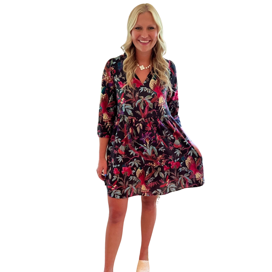 The Tinley Black Floral Bird Block Print Cotton Dress — view 3