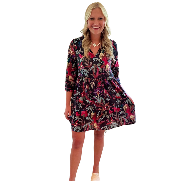 The Tinley Black Floral Bird Block Print Cotton Dress — view 3