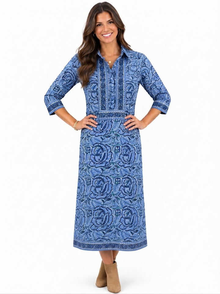 The Annika Long Length Dress in Blue Hand Block Printed Floral