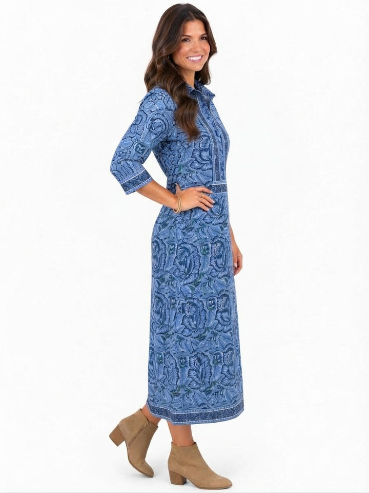 The Annika Long Length Dress in Blue Hand Block Printed Floral
