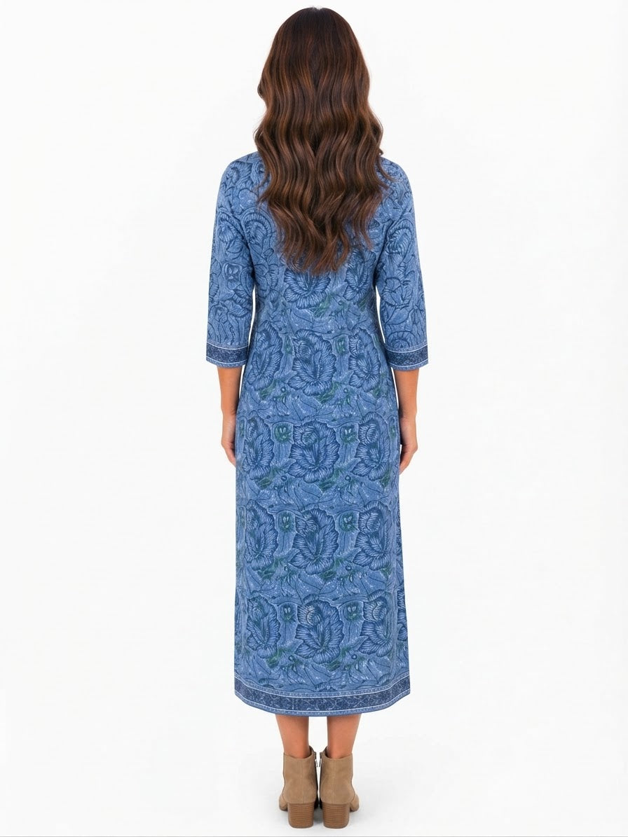 The Annika Long Length Dress in Blue Hand Block Printed Floral