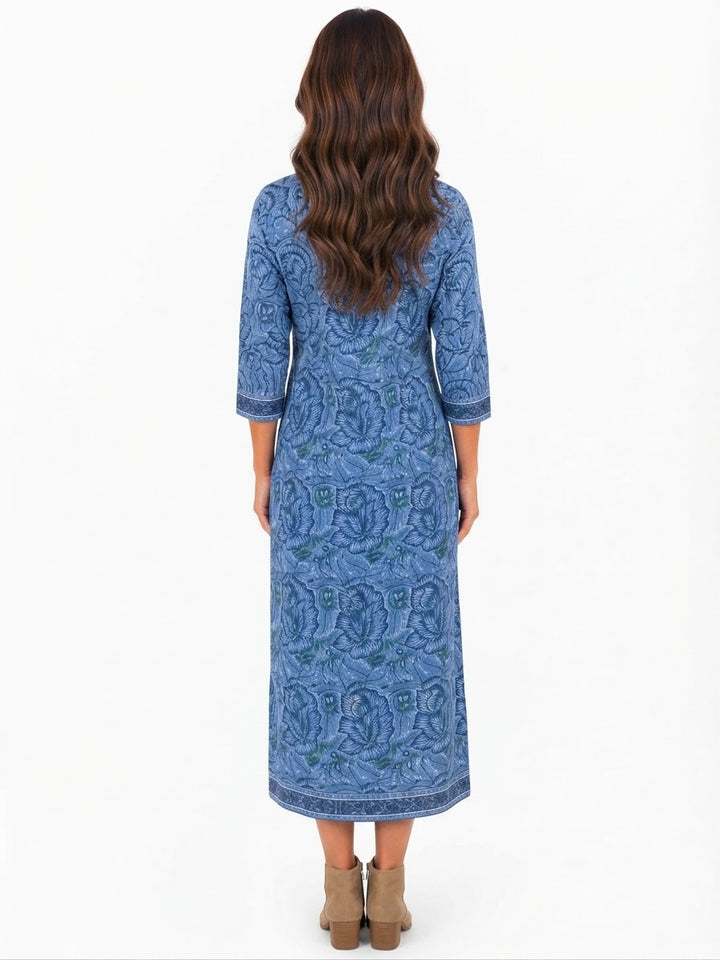 The Annika Long Length Dress in Blue Hand Block Printed Floral
