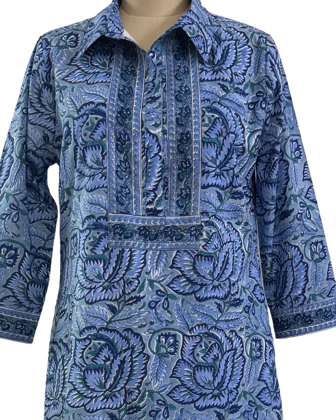 The Annika Long Length Dress in Blue Hand Block Printed Floral