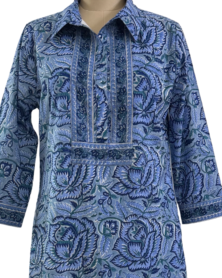 The Annika Long Length Dress in Blue Hand Block Printed Floral