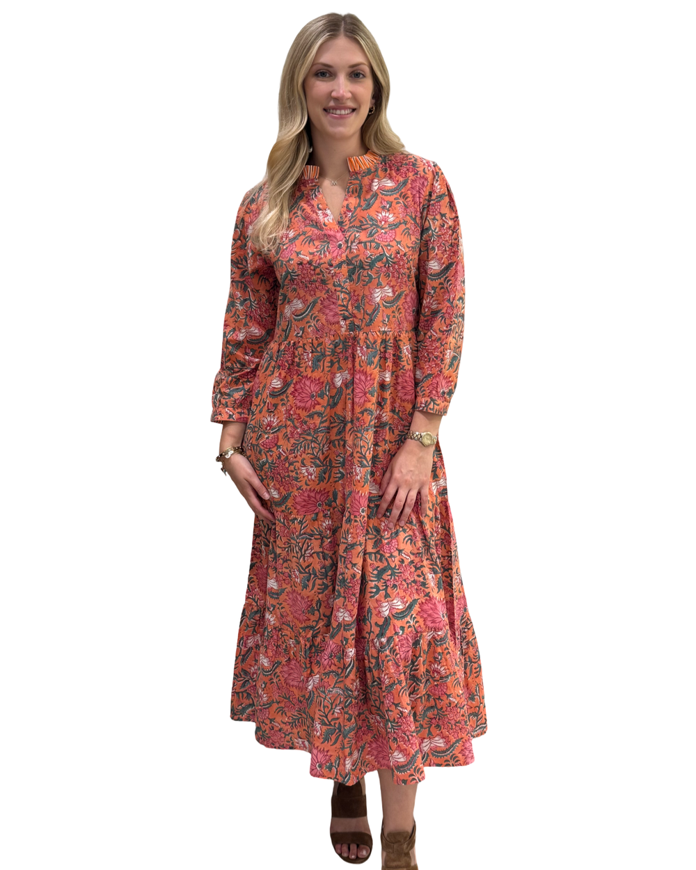 The Campbell Cotton Hand Block Printed Dress in Orange Floral — view 2