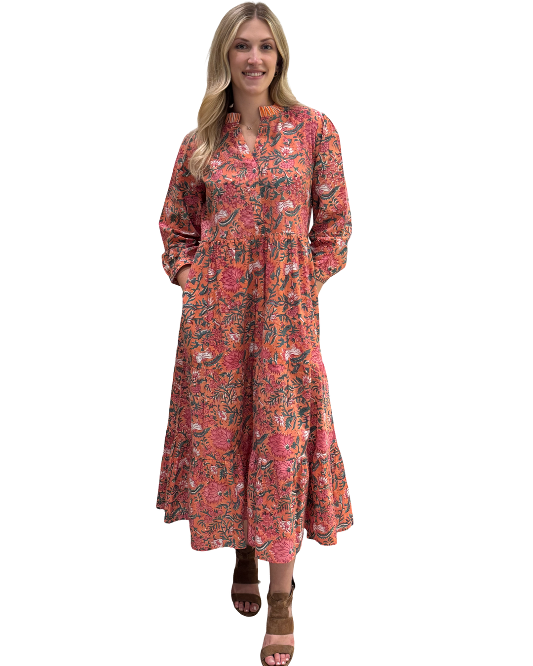 The Campbell Cotton Hand Block Printed Dress in Orange Floral — view 3