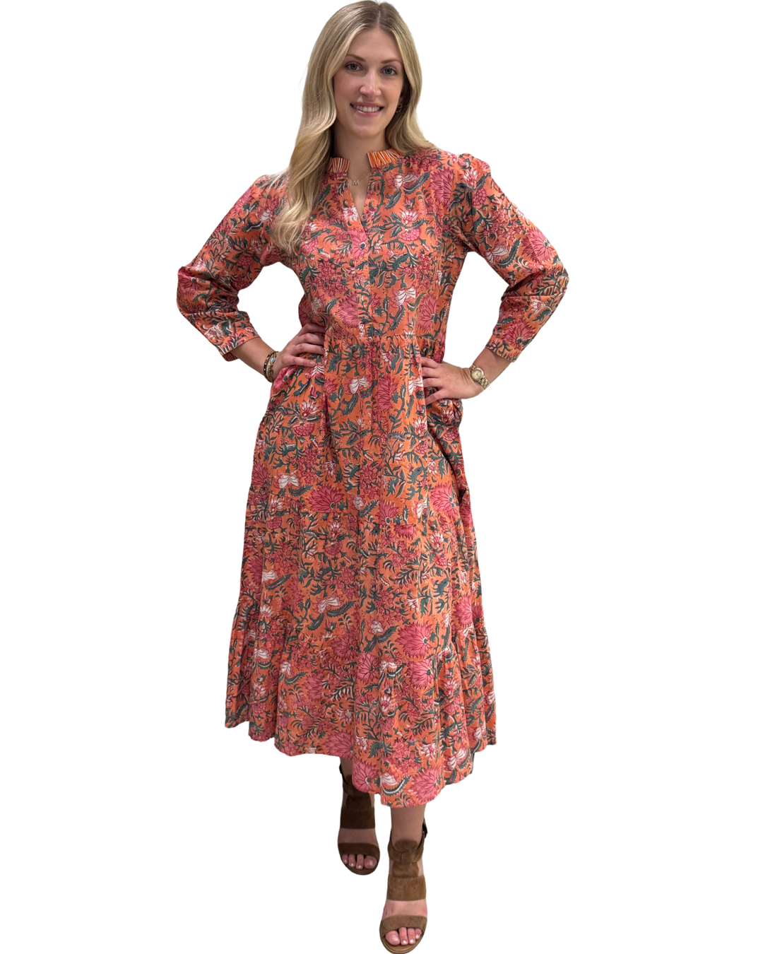 The Campbell Cotton Hand Block Printed Dress in Orange Floral