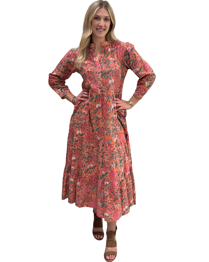 The Campbell Cotton Hand Block Printed Dress in Orange Floral